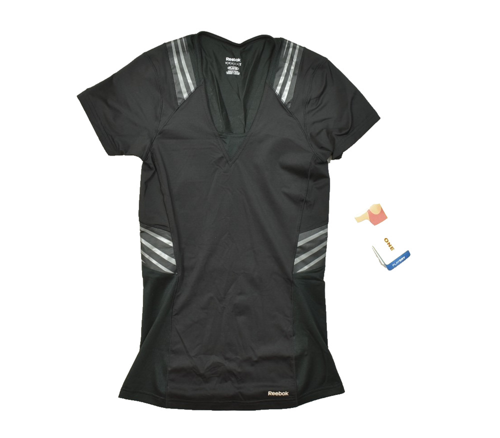 Reebok EasyTone Womens Medium Black PlayDry Athletic Taped Short Sleeve NEW